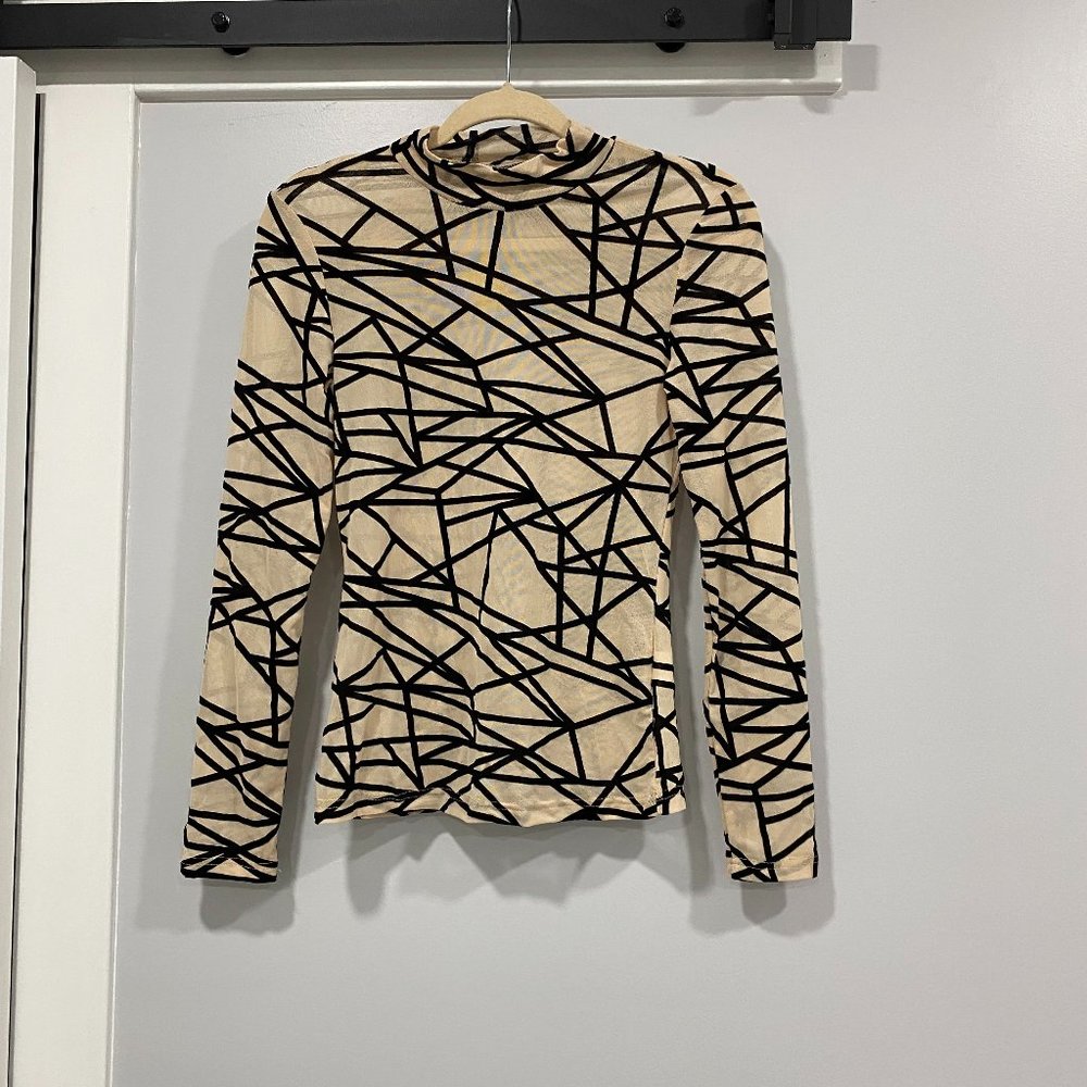 Mock Neck Geo Print Mesh Long-sleeve Top